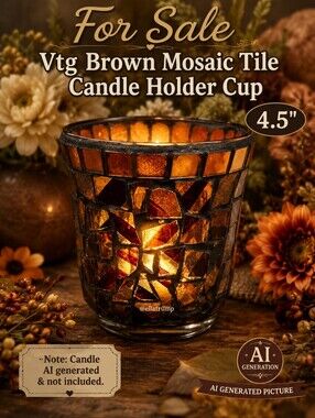 Vtg Brown Mosaic Tile Candle Holder Cup 4.5"
